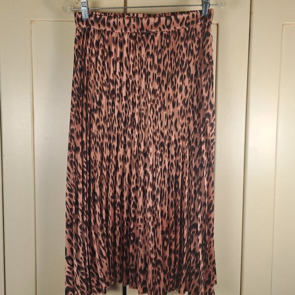 PEYTON JENSEN Pleated Animal Print Salmon Pink Black Midi Skirt Silky Size Small - Picture 1 of 9
